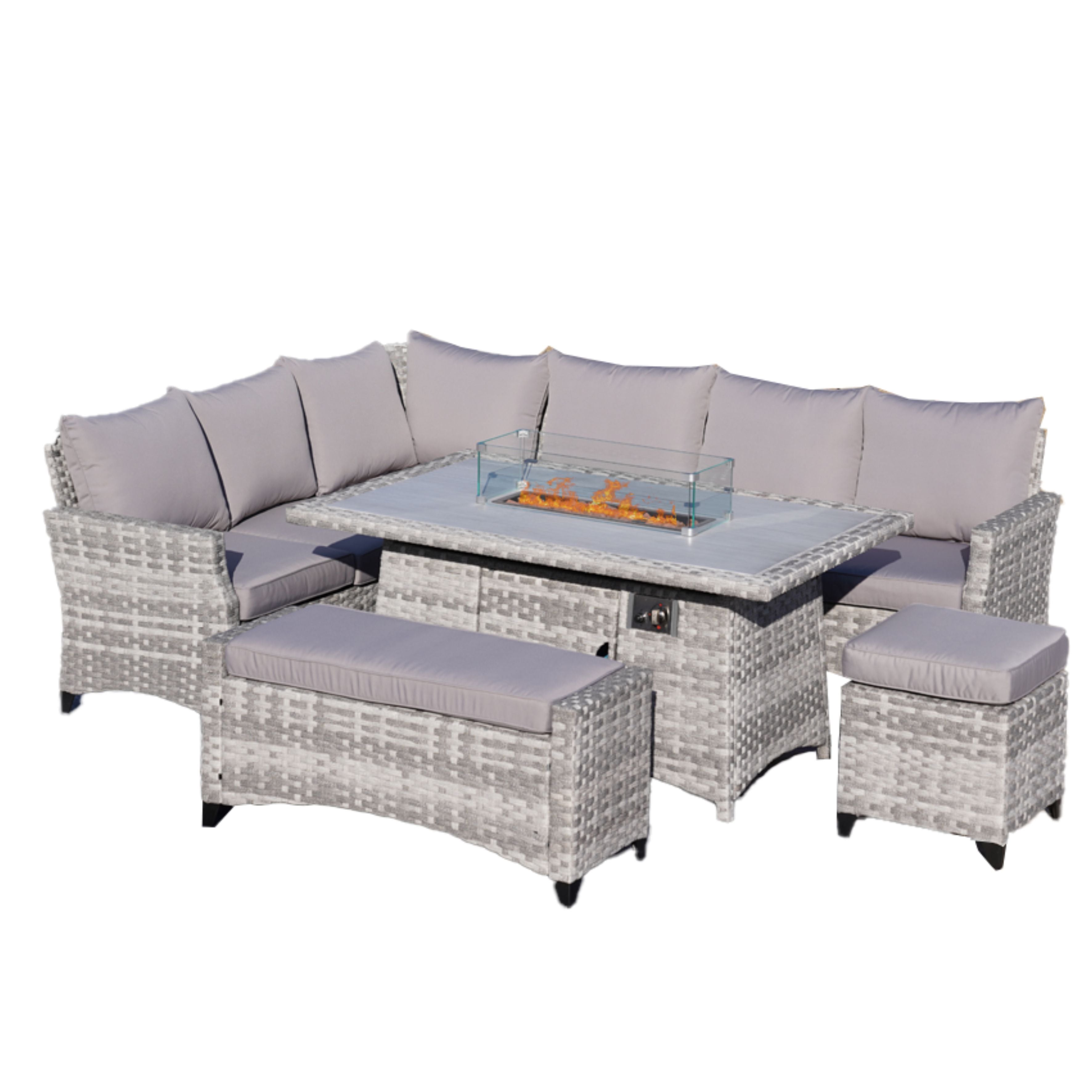 5-Piece Gray Wicker Outdoor Conversational Sofa Set with Fire Pit Table and Ottoman