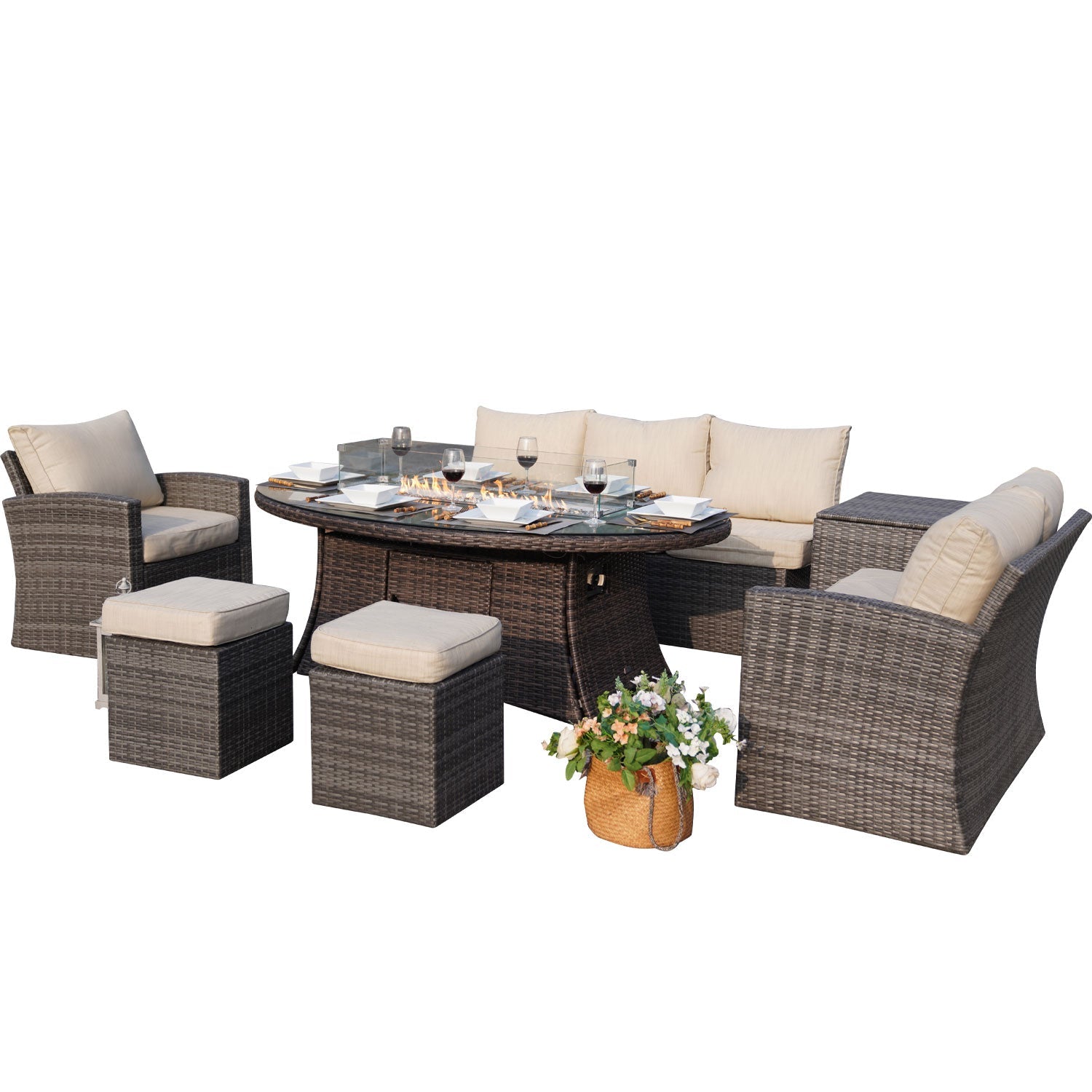 7-Piece Patio Conversational Sofa Set with Oval Firepit Dining Table and 2 Ottomans